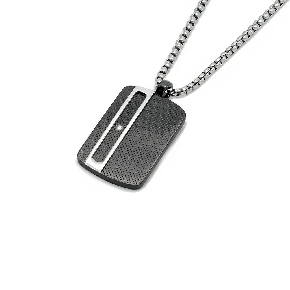 Мъжко стоманено колие H2On с черна PVD плочка и естествен диамант 0.015 ct – модел HO051-MED