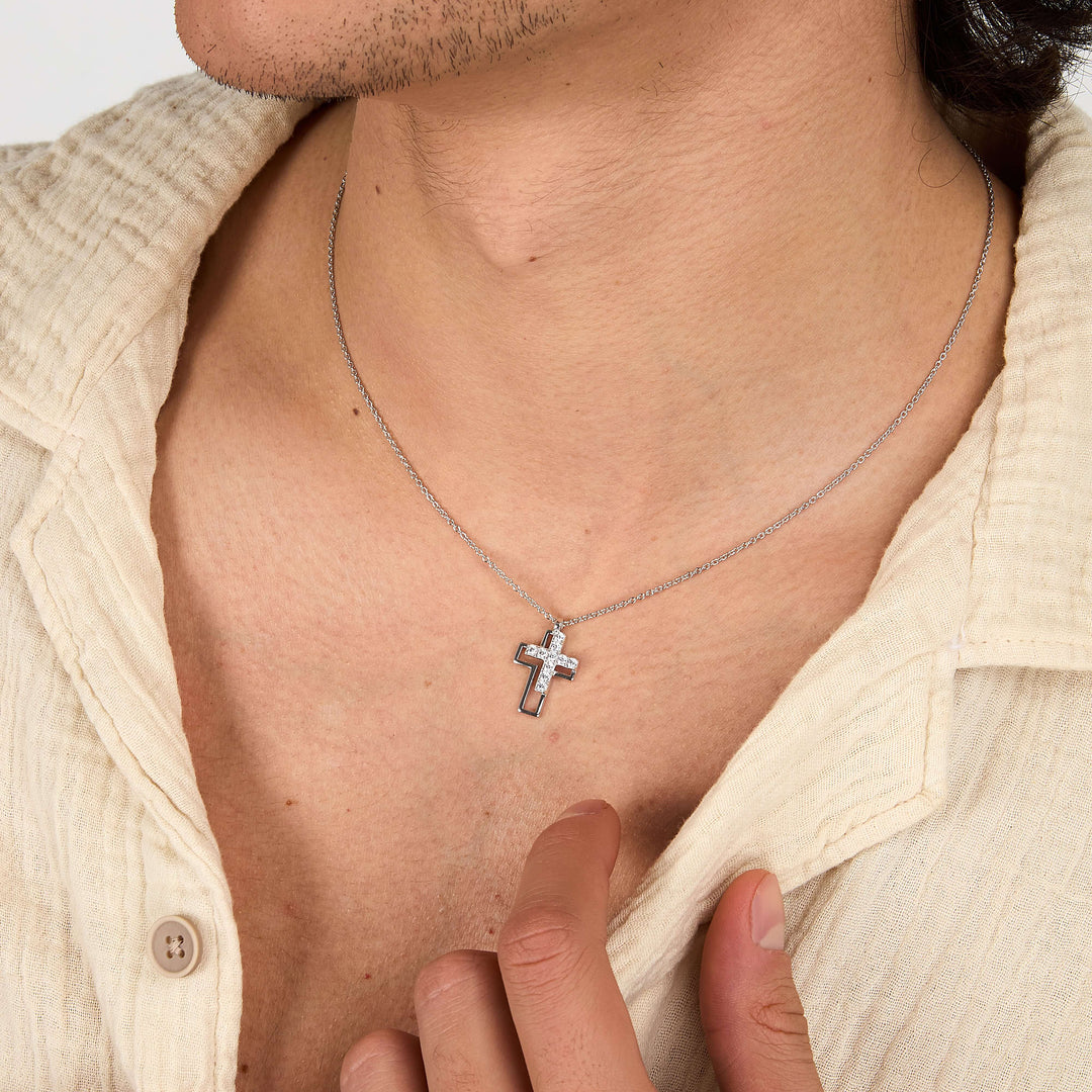Стилно мъжко колие с кръст, изработено от сребро 925 с родиево покритие. Идеален подарък за него. Morellatob Tennis SATT21 