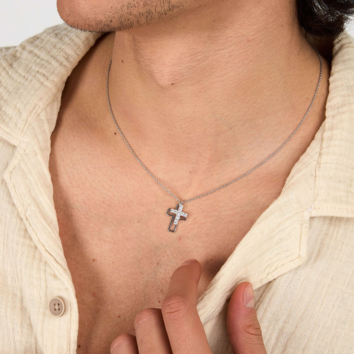 Стилно мъжко колие с кръст, изработено от сребро 925 с родиево покритие. Идеален подарък за него. Morellatob Tennis SATT21 