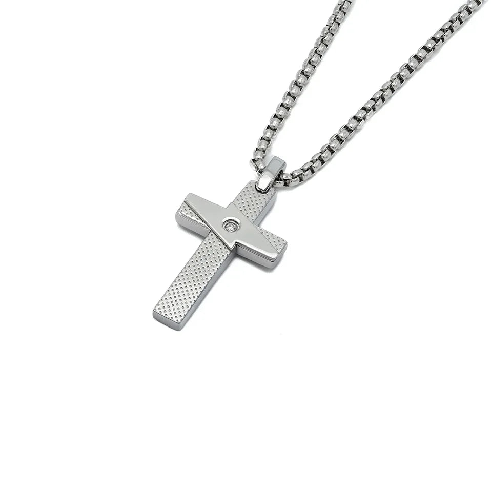 Мъжко стоманено колие H2on с кръст и естествен диамант 0.015 ct – модел HO068-CR2