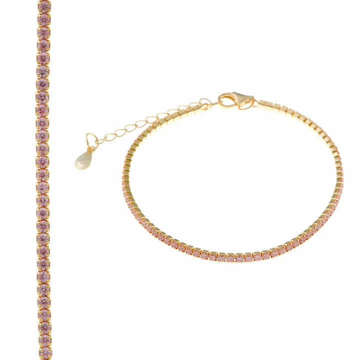 Позлатена сребърна гривна с розови циркони тип ривиера – изглед отпред
