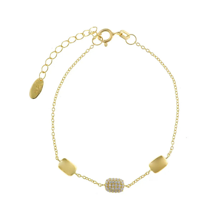 Позлатена сребърна гривна с цирконии и правоъгълни елементи – изглед на бял фон