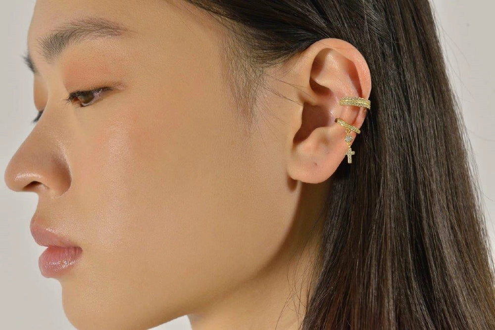 Gold-plated silver ear cuff with rows of CZ Salvatore Plata — worn on a model