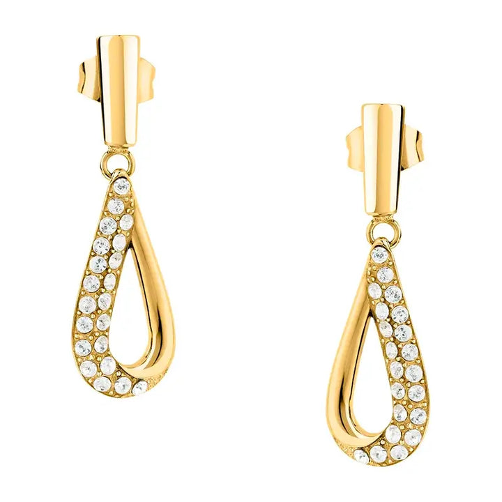 Близък план на висящи обеци „капка“ с pavé кристали отпред.
