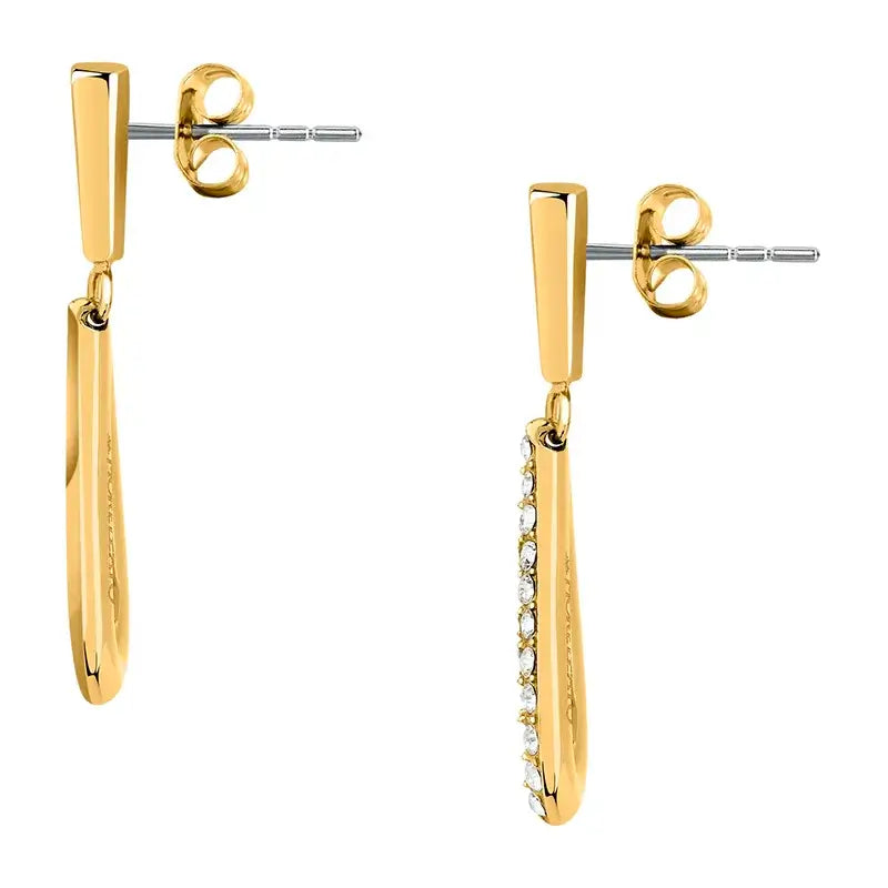 Обеци „капка“ на щифт, изглед отпред – симетричен чифт с кристали.
