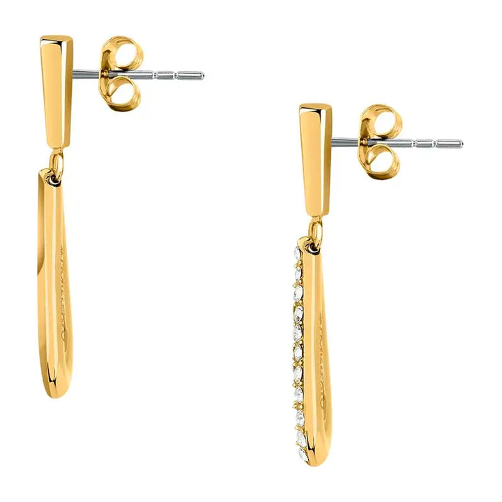 Обеци „капка“ на щифт, изглед отпред – симетричен чифт с кристали.
