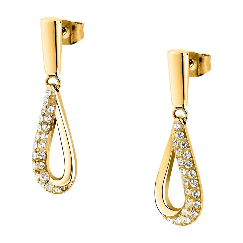 Позлатени висящи обеци „капка“ от неръждаема стомана със златно PVD и бели кристали, студиен кадър, чифт.
