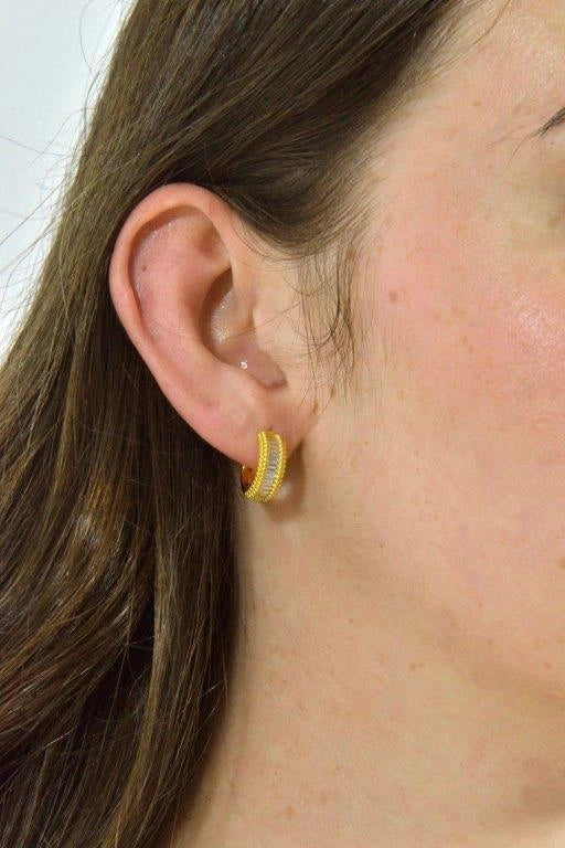 Gold-plated silver hoops with baguette CZ Salvatore Plata — worn on a model