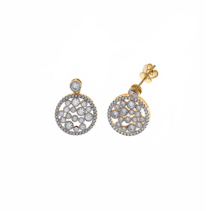 Позлатени сребърни обеци с кръгъл медальон и бели циркони от колекция Rosette