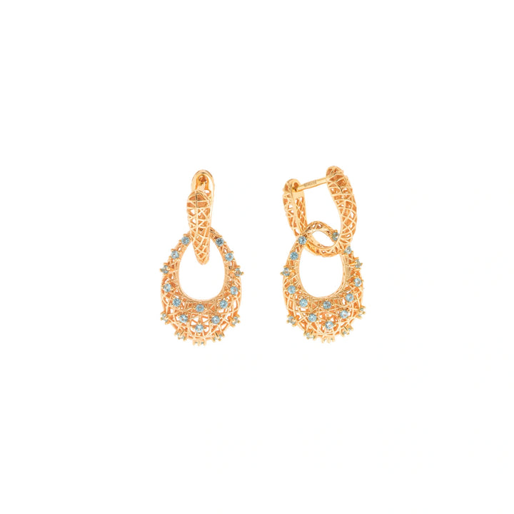 Gold-plated silver earrings with interwoven lines and Paraiba-colour CZ Salvatore Plata