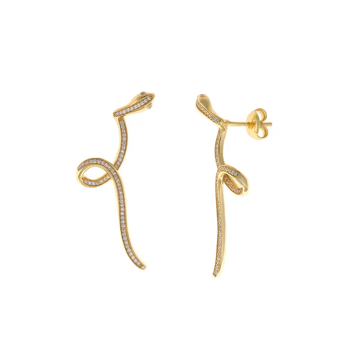 Позлатени сребърни обеци във формата на змия с бели циркони от колекция Jungle