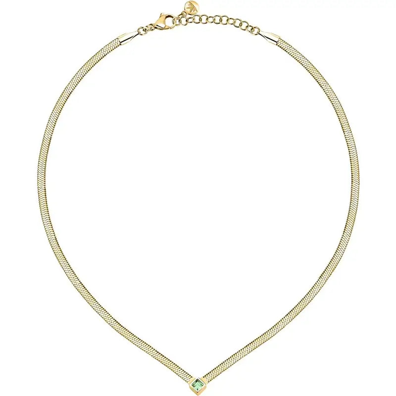 Позлатено колие от медицинска стомана със зелен кристал 3×3 мм, студиен кадър, Morellato SAVY30.
