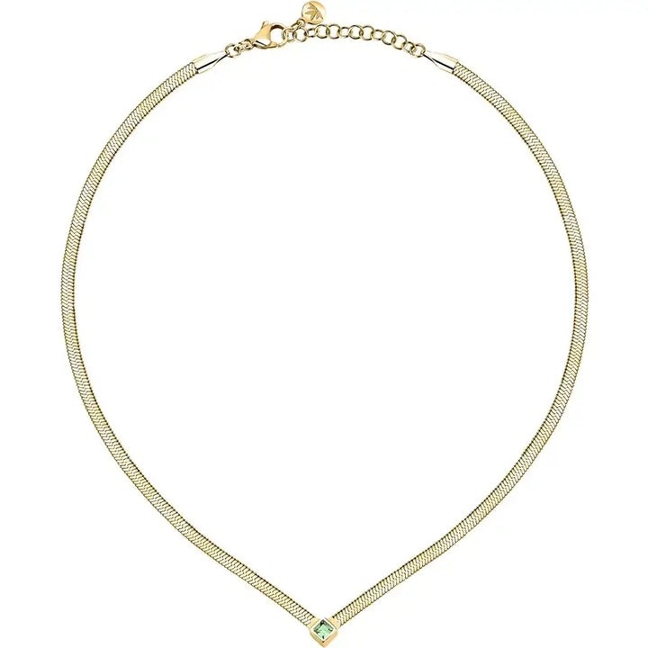 Позлатено колие от медицинска стомана със зелен кристал 3×3 мм, студиен кадър, Morellato SAVY30.
