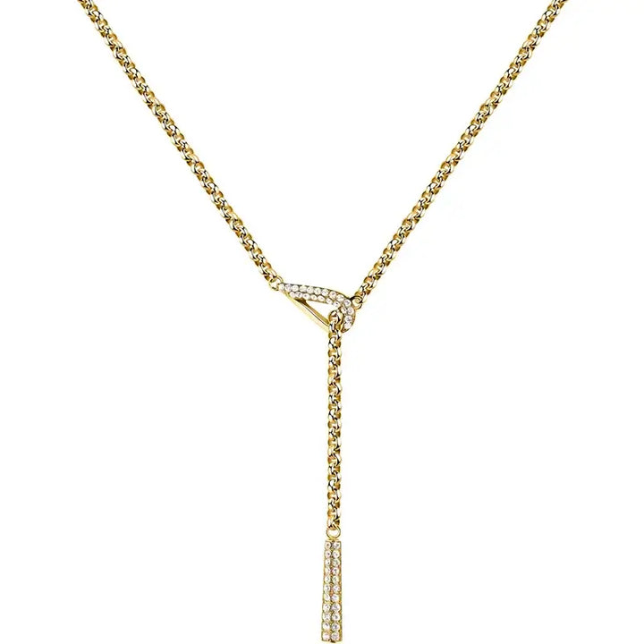 Позлатено Y-колие от неръждаема стомана със златно PVD и бели кристали, продуктова страница – общ изглед.
