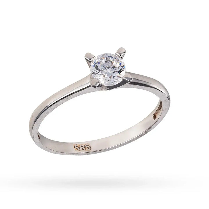 Бял златен пръстен с централен циркон и изчистена тънка халка