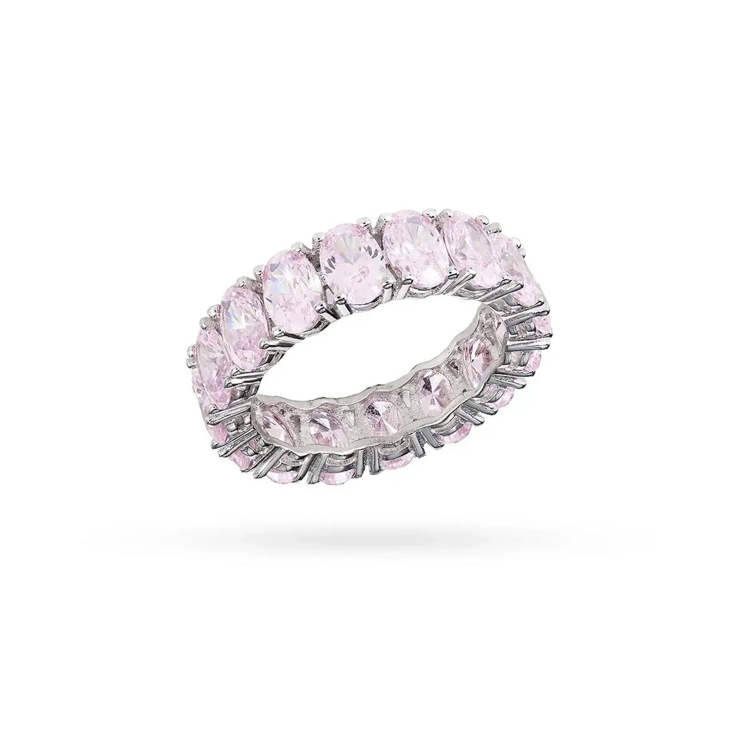Пръстен от сребро с родиево покритие и розови циркони в кръг