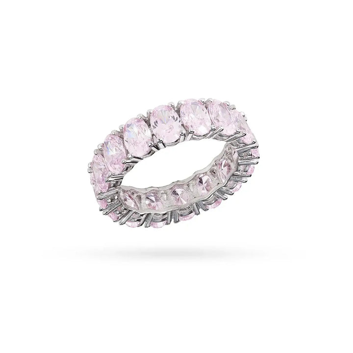 Пръстен от сребро с родиево покритие и розови циркони в кръг