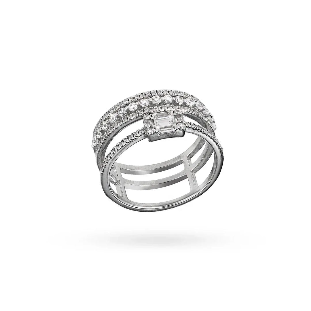 Пръстен от сребро с родиево покритие и модерен архитектурен дизайн