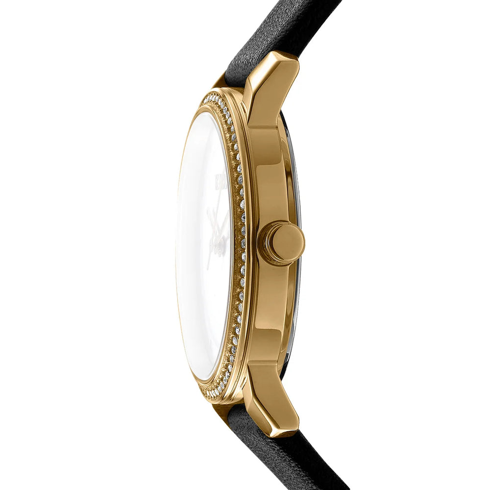 Профил на дамски часовник DKNY Astoria Glitz – тънък златист корпус и безел с кристали, модел DK1L065L0025