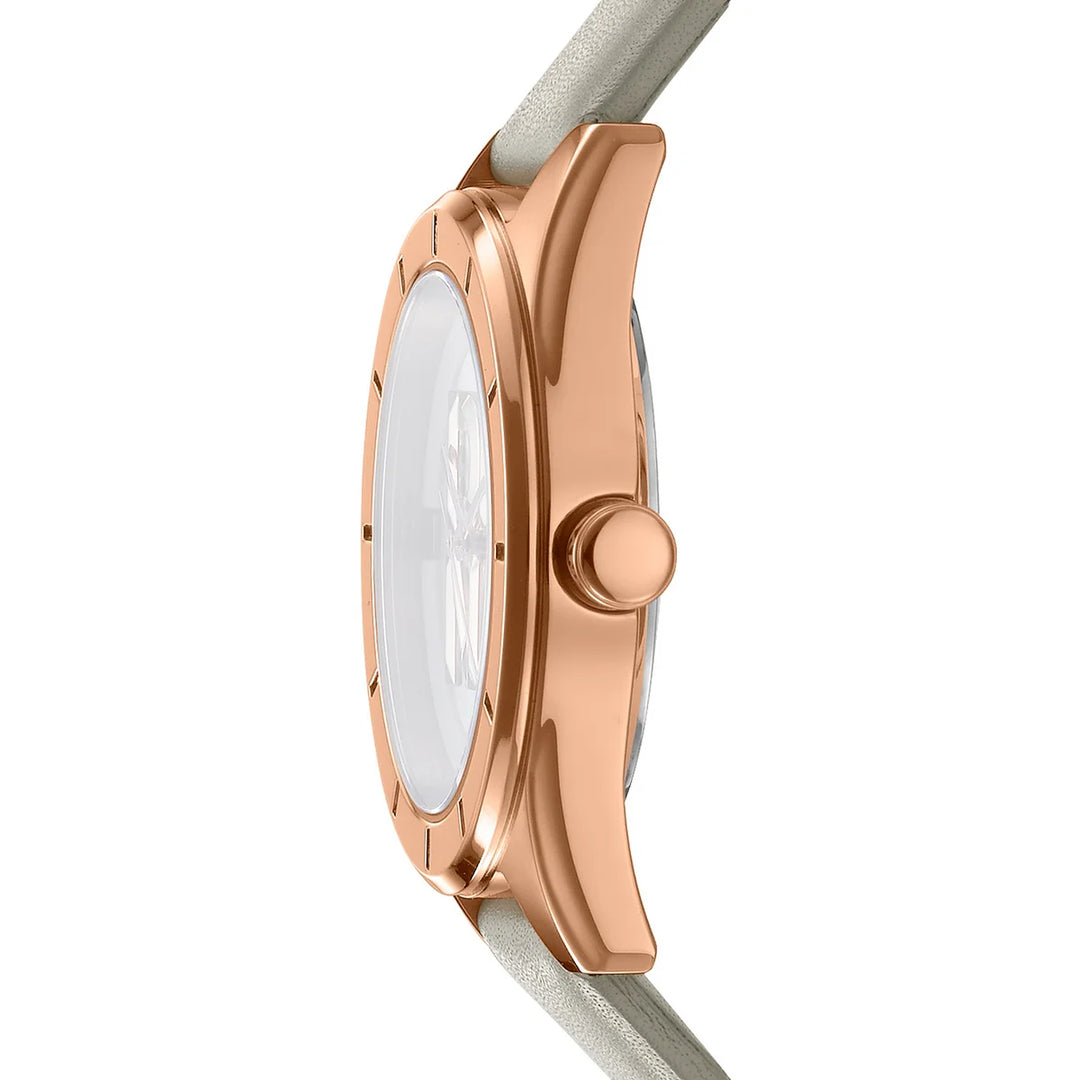 Профил на DKNY Chambers Midi – тънък розовозлатист корпус (~8.2 мм) и минерално стъкло, модел DK1L016L0035