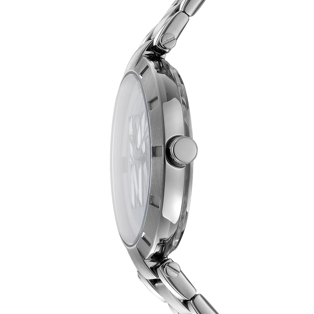 Профил на дамски часовник DKNY Essential Logo – тънък сребрист корпус с IP покритие (~8 мм), модел DK1L041M0045