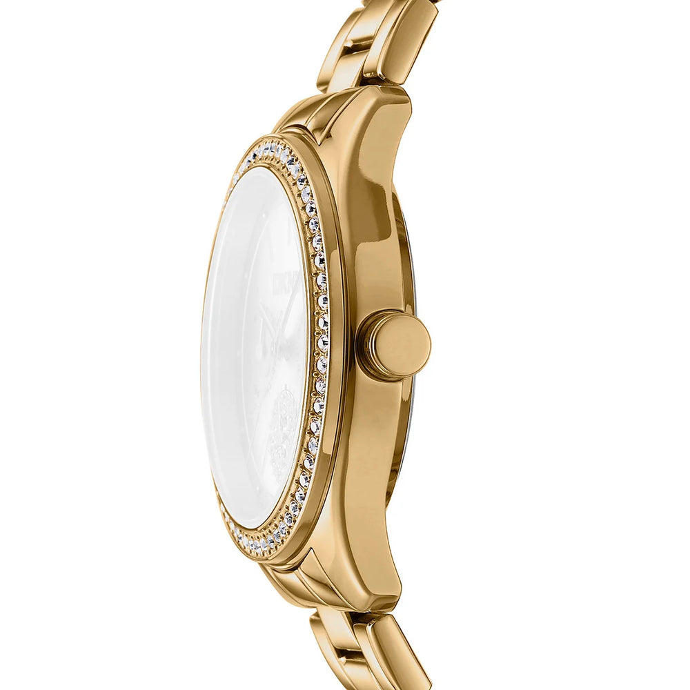 Профил на дамски часовник DKNY Evening – златист корпус 38 мм и безел с кристали, модел DK1L129M0055
