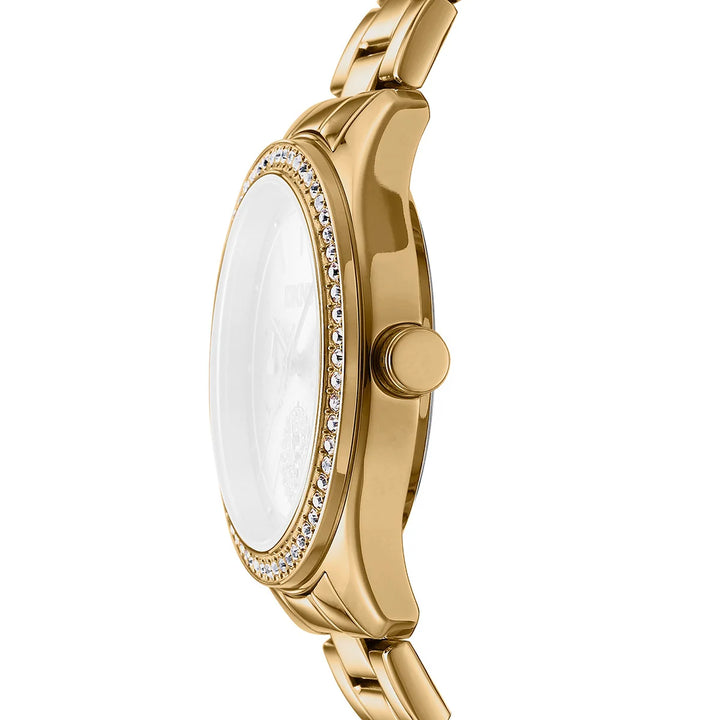 Профил на дамски часовник DKNY Evening – златист корпус 38 мм и безел с кристали, модел DK1L129M0055