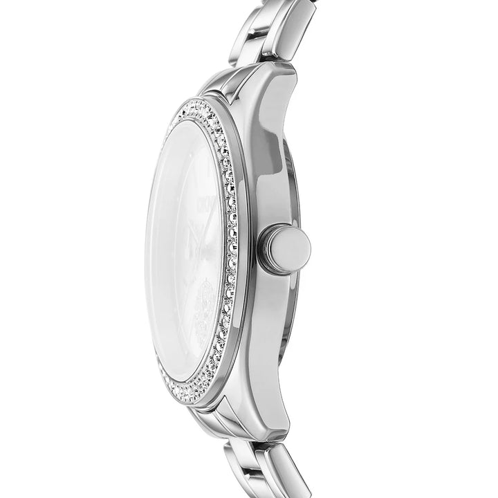 Профил на дамски часовник DKNY – сребрист корпус 38 мм и безел с кристали, модел DK1L129M0035