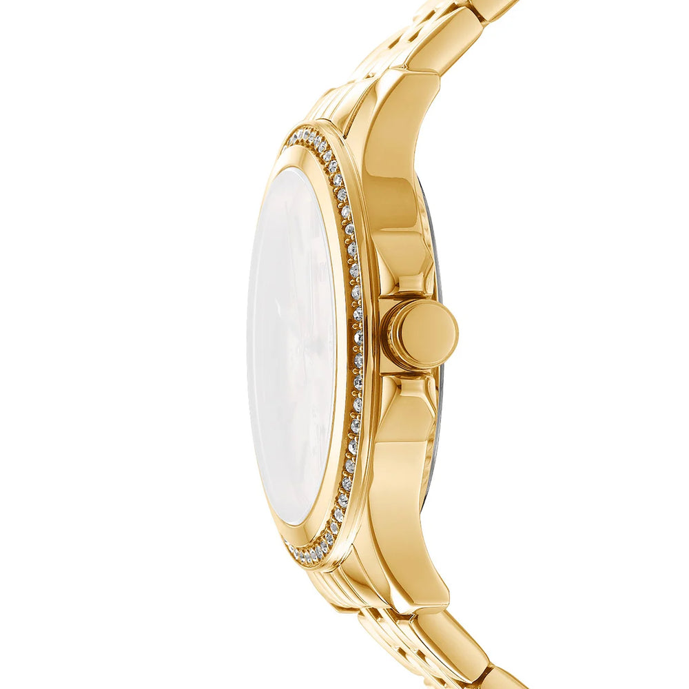 Профил на DKNY Nolita Multi Glitz – златист корпус, минерално стъкло и безел с кристали, модел DK1L064M0065