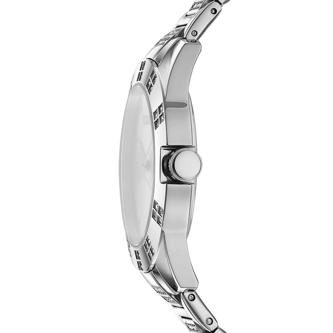 Профил на дамски часовник DKNY Park Ave Glitz – тънък корпус и кристален безел, модел DK1L019M0015