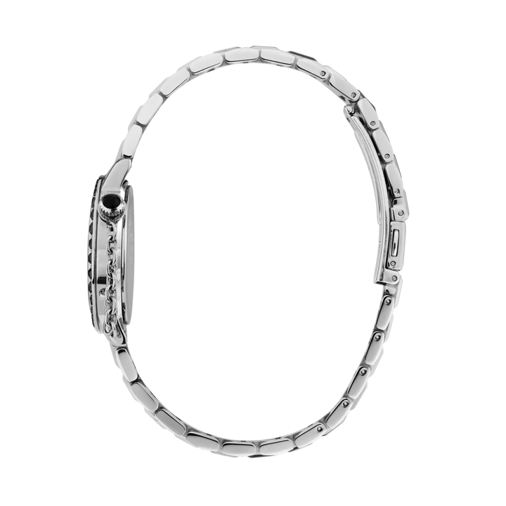 Профилен изглед на дамски часовник Karl Lagerfeld Crystals с тънък стоманен корпус и безел с черни кристали – R0553100505