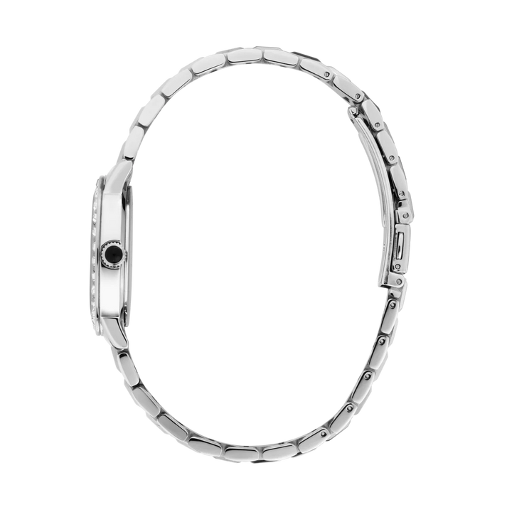 Профилен изглед на дамски часовник Karl Lagerfeld Crystals с тънък стоманен корпус и сребриста верижка – R0553100511