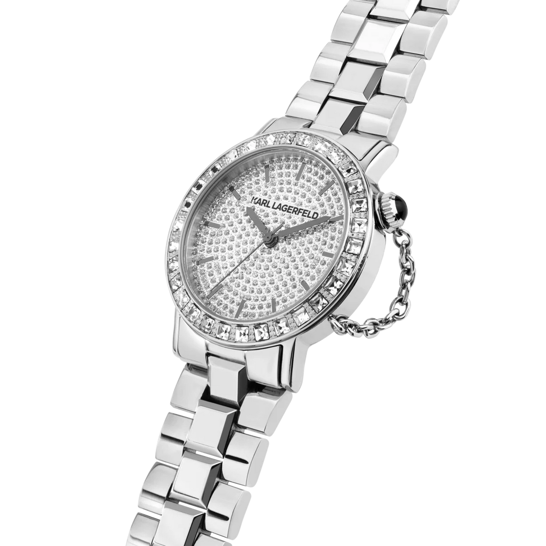 Страничен профил на дамски часовник Karl Lagerfeld Crystals с тънък сребрист корпус и блестящ циферблат с кристали – часовник R0553100506