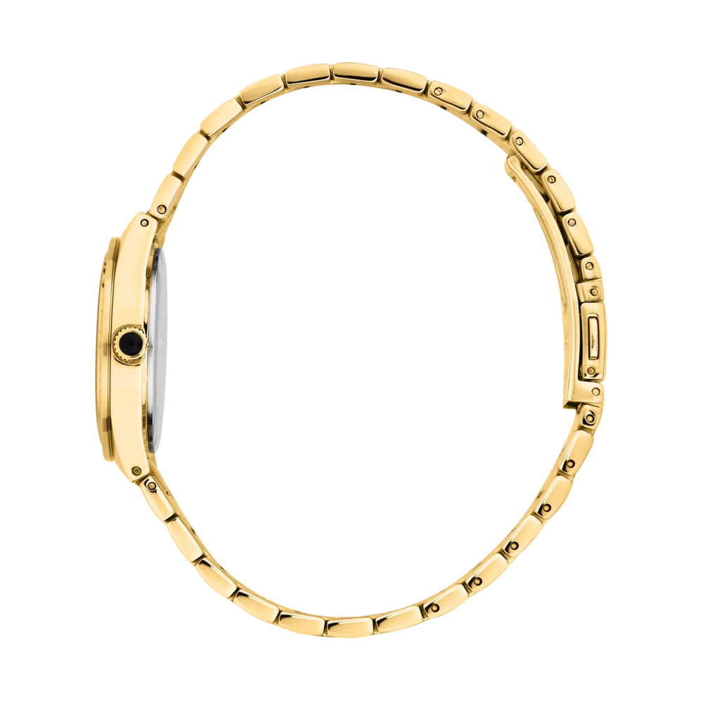 Страничен профил на дамски часовник Karl Lagerfeld Hamburg със златен корпус и стоманена верижка – часовник R0553105501
