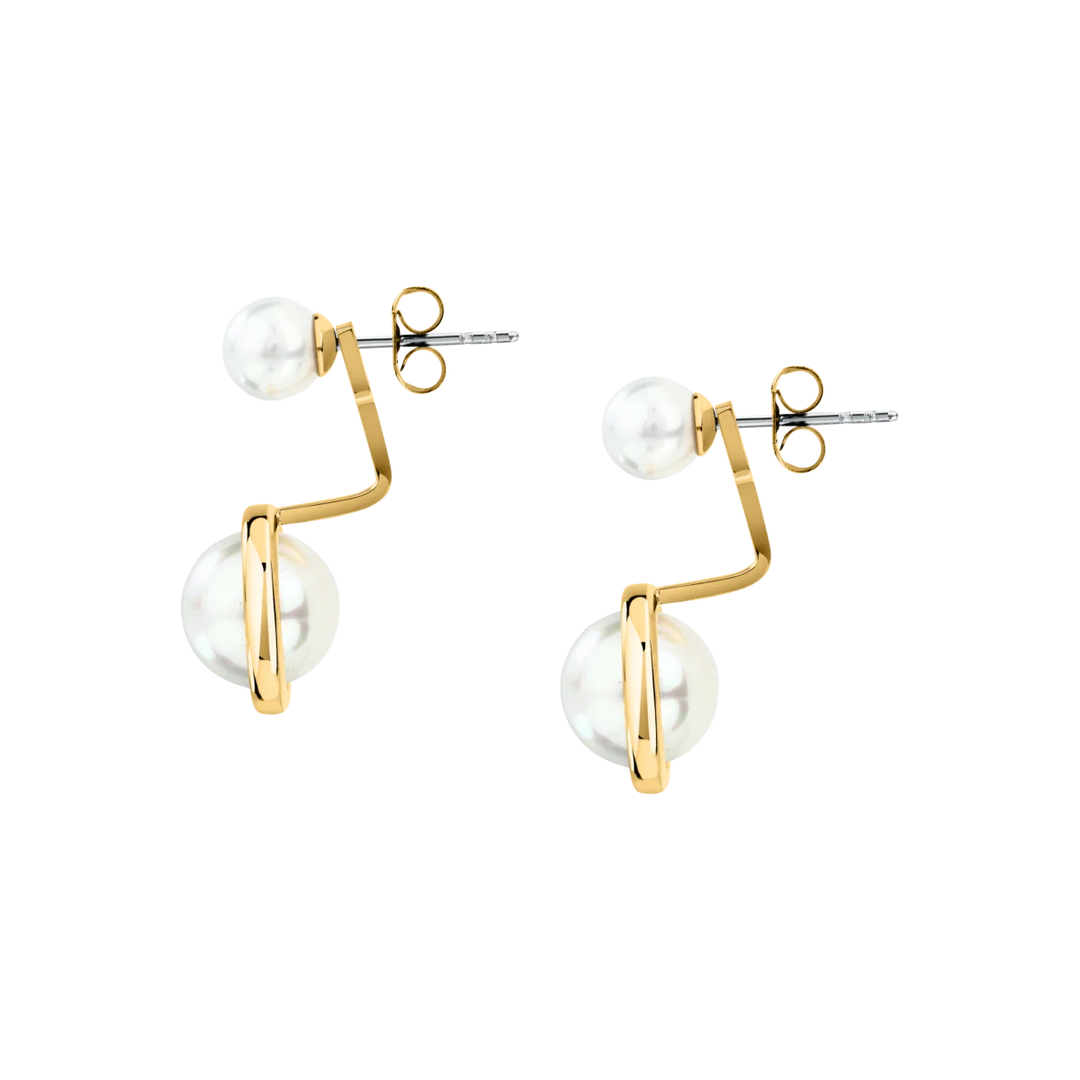 Страничен профил на дамски обеци Karl Lagerfeld Pearl тип ear jacket със златисто покритие и бели перли – KLAYR14