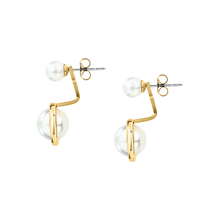 Страничен профил на дамски обеци Karl Lagerfeld Pearl тип ear jacket със златисто покритие и бели перли – KLAYR14