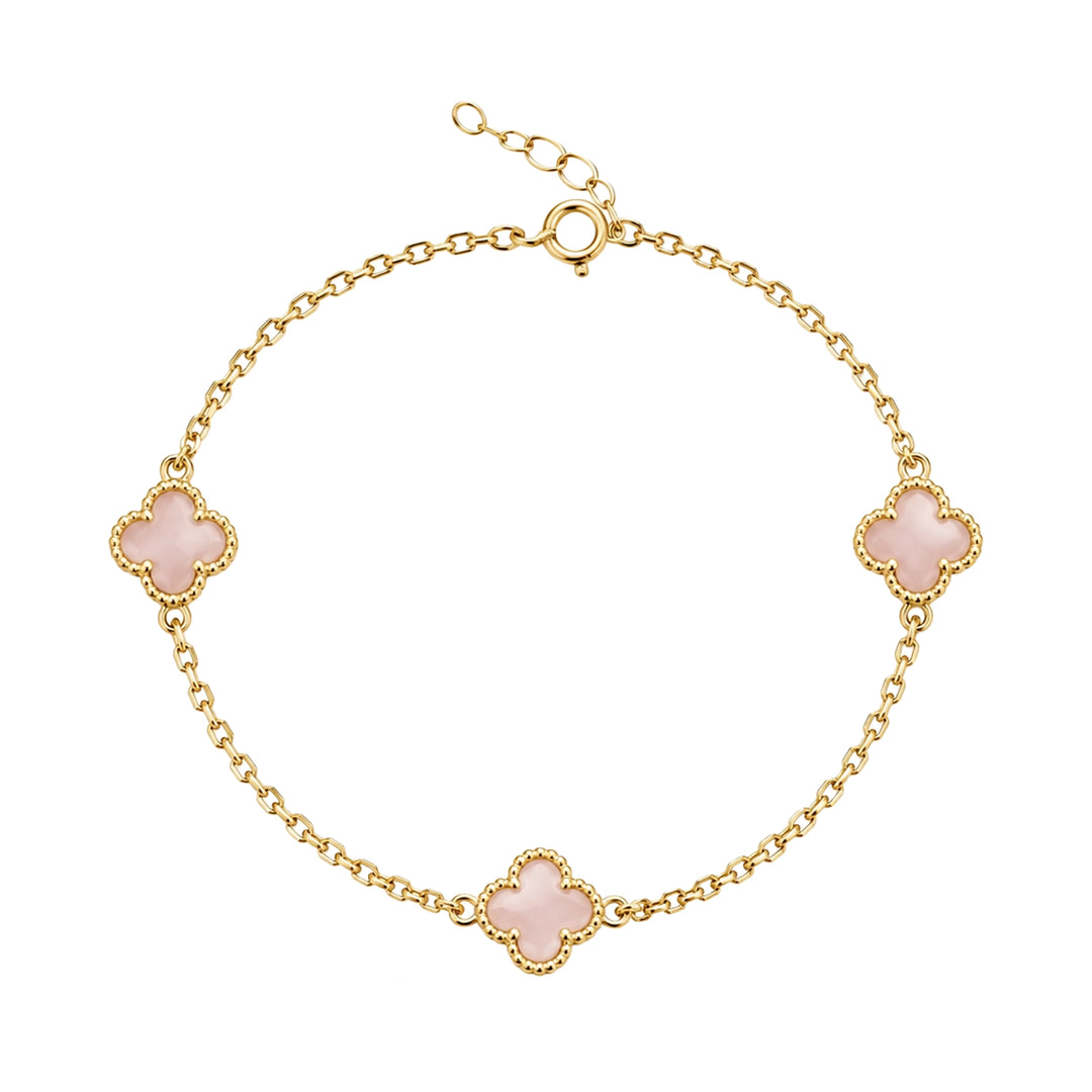 Gold Three-Clover Carnelian Bracelet in yellow 14K gold by Senso Gold, DB2085, on white background