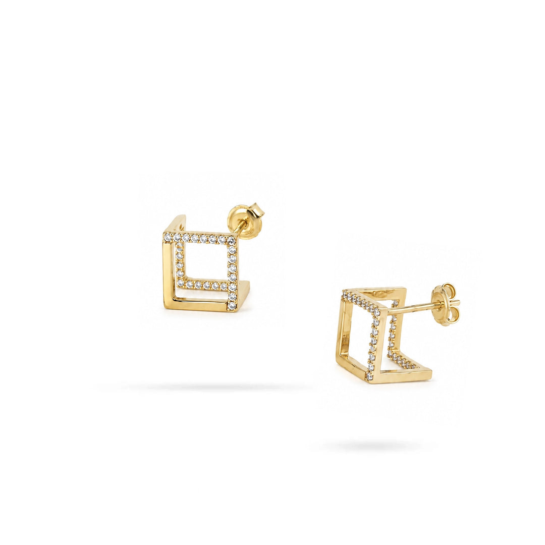 Gold 3D Square Stud Earrings with Zircons in yellow 14K gold by Senso Gold, DE2456, on white background
