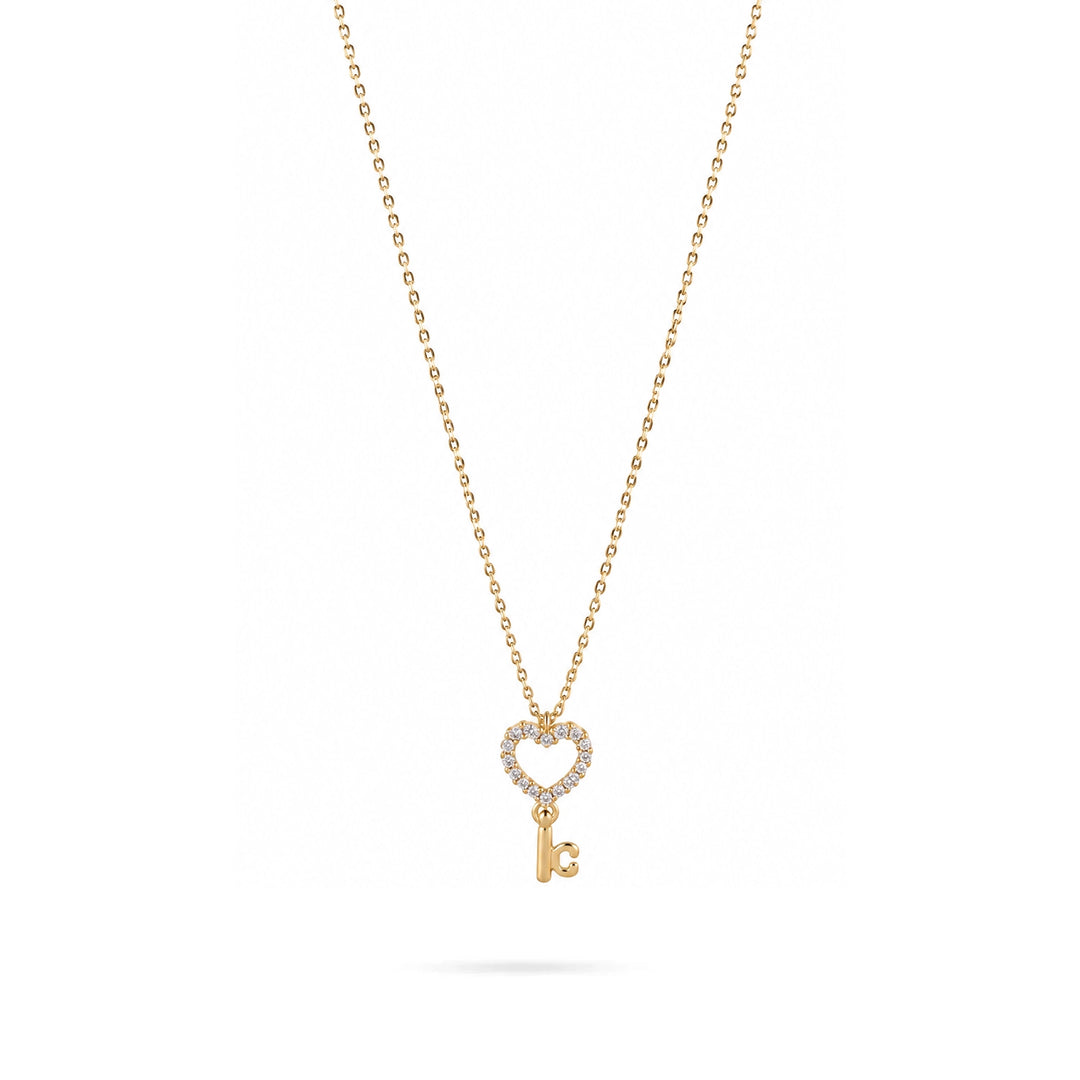 Gold Key Necklace with Heart and Zircons in yellow 14K gold by Senso Gold, DN3244, on white background