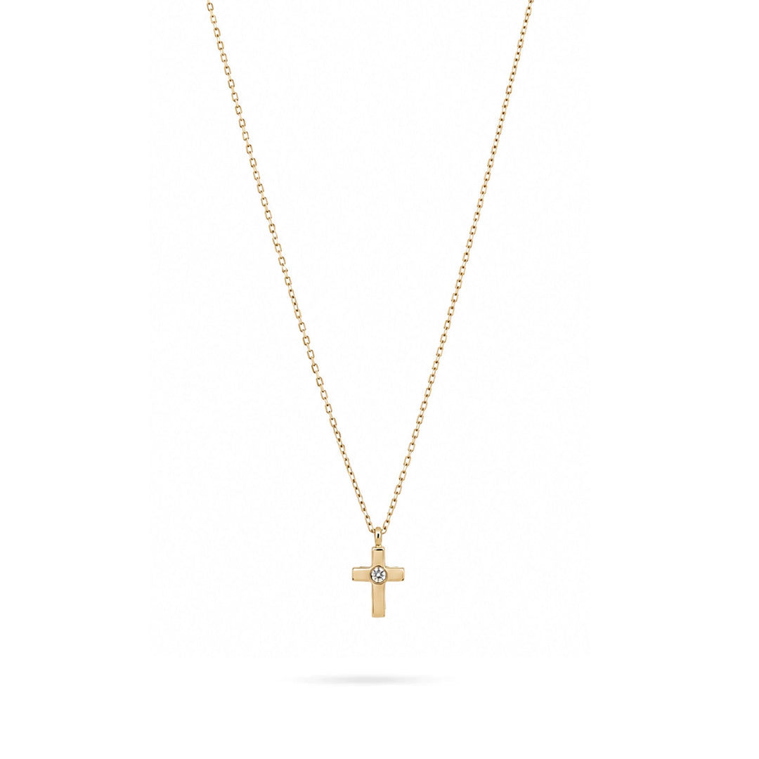 Златно колие кръст с циркон от жълто злато 14K Senso Gold DN3255 на бял фон