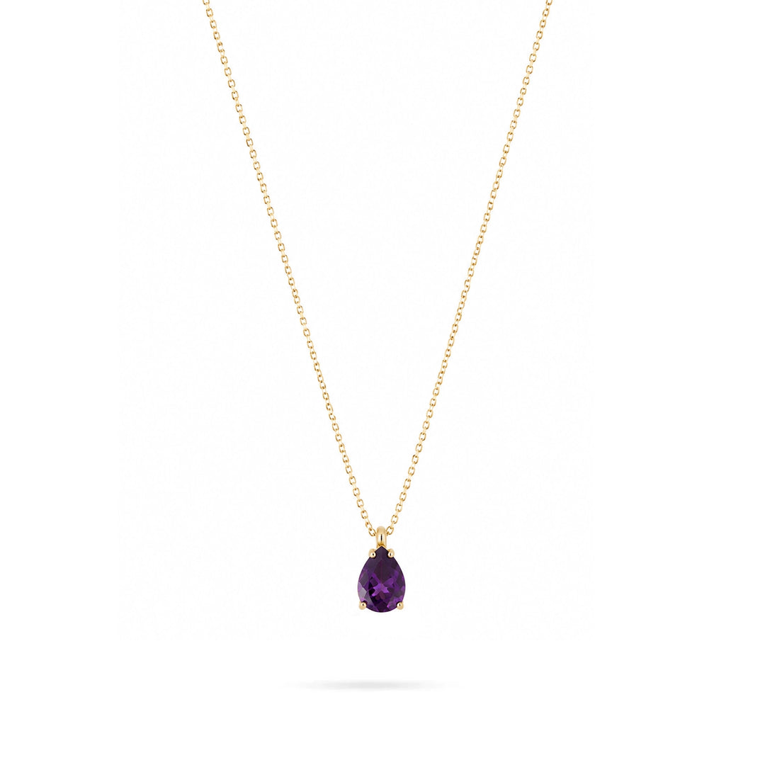 Gold Necklace with Purple Teardrop Zircon in yellow 14K gold by Senso Gold, DN3129, on white background