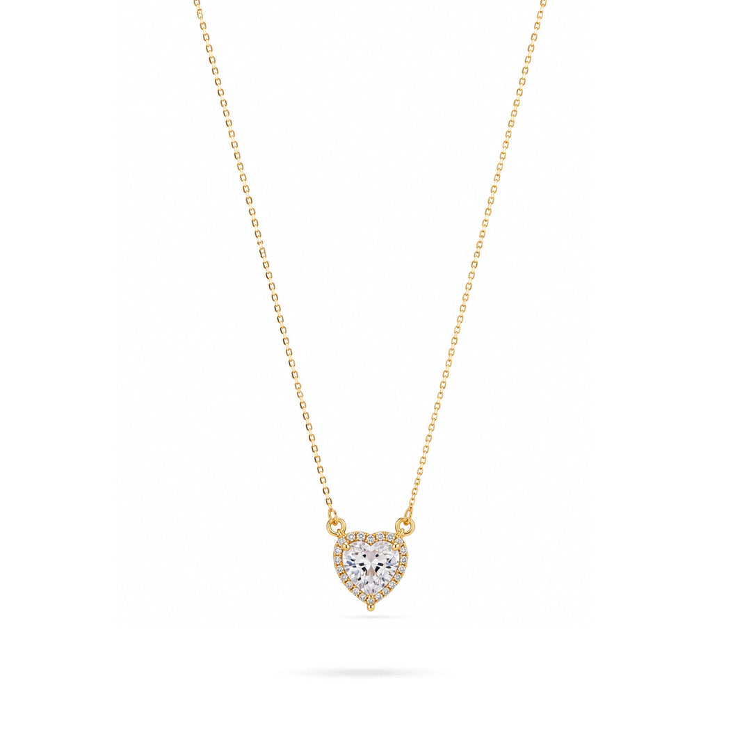 Gold Necklace with Heart-Shaped Zircon in yellow 14K gold by Senso Gold, DN3285, on white background