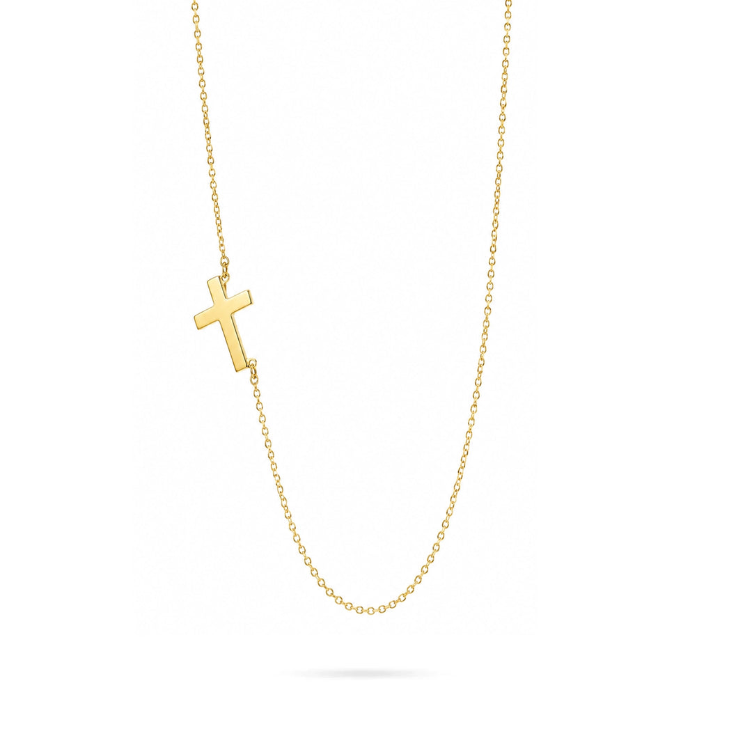 Златно колие със страничен кръст от жълто злато 14K Senso Gold DN3247 на бял фон