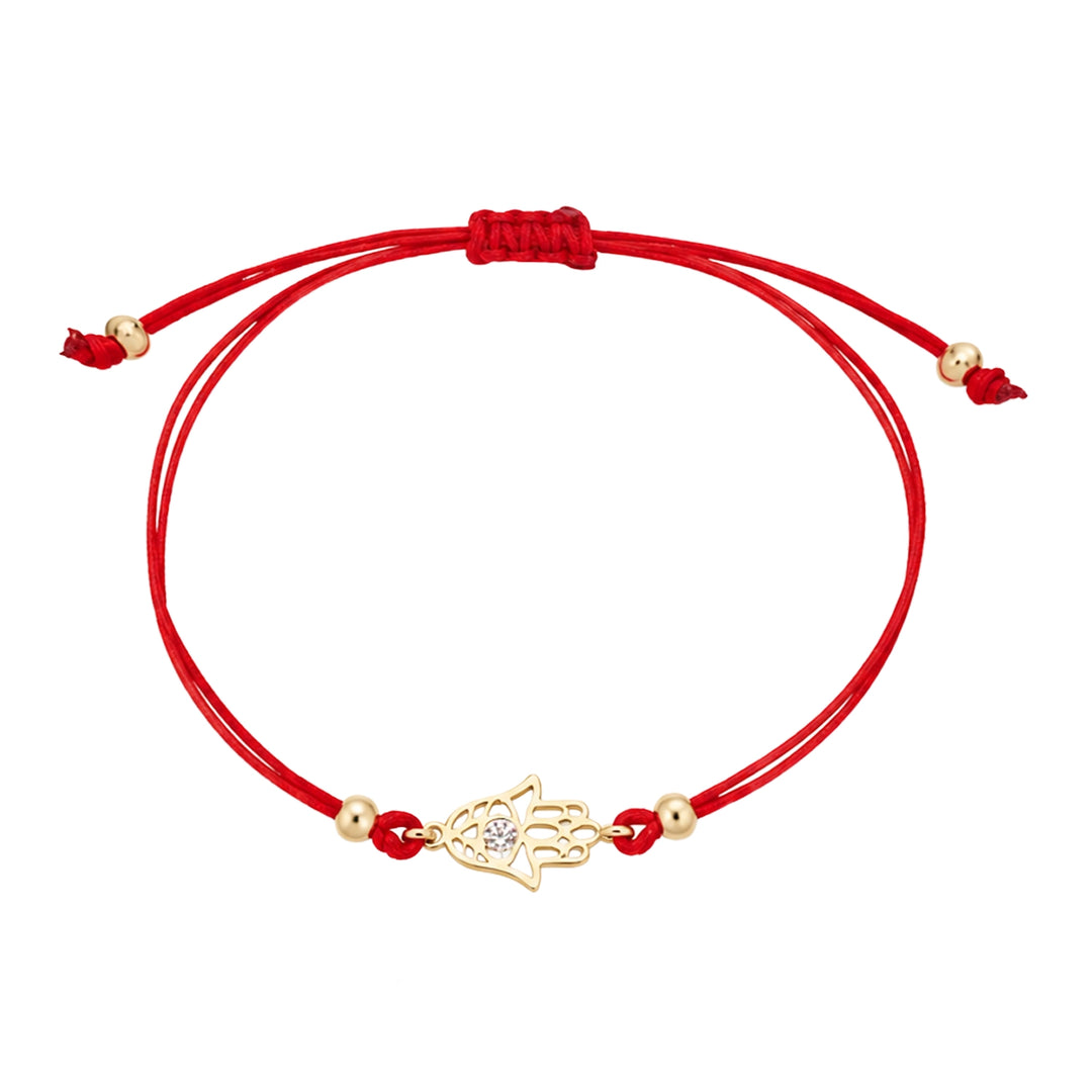 Red Cord Hamsa Bracelet with Zircon in yellow 14K gold by Senso Gold, DB2583, on white background