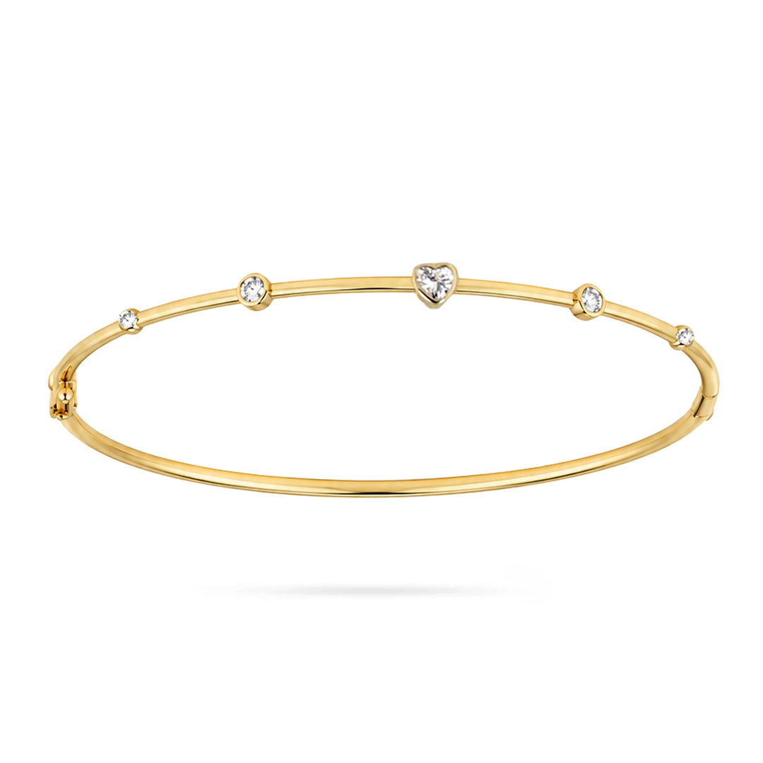 Твърда златна гривна със сърца и циркони от жълто злато 14K Senso Gold DB2622 на бял фон