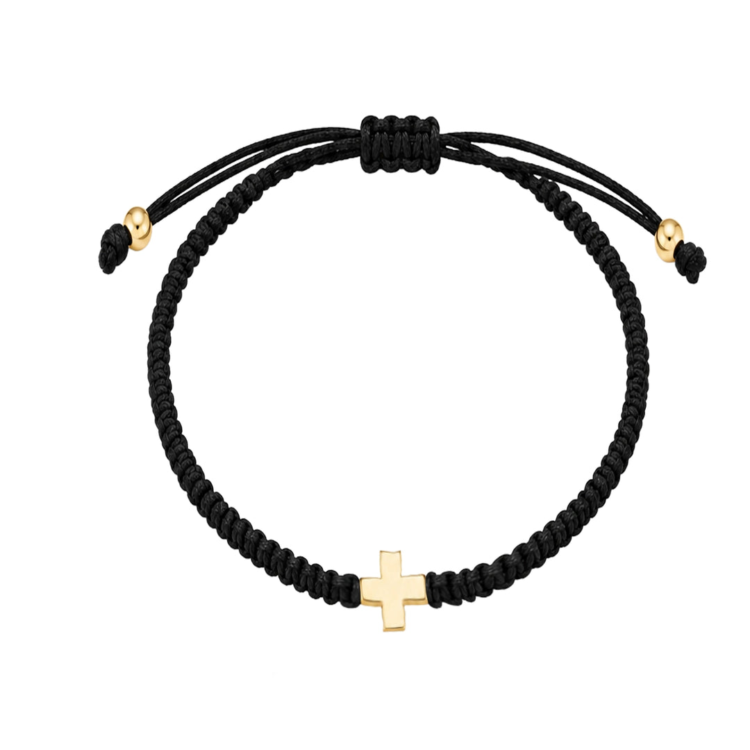 Black Cord Bracelet with Gold Cross in yellow 14K gold by Senso Gold, DB2648, on white background