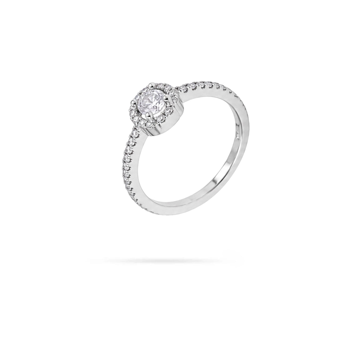 Дамски сребърен пръстен Senso Silver с централен кръгъл бял циркон, ореол и малки циркони по халката
