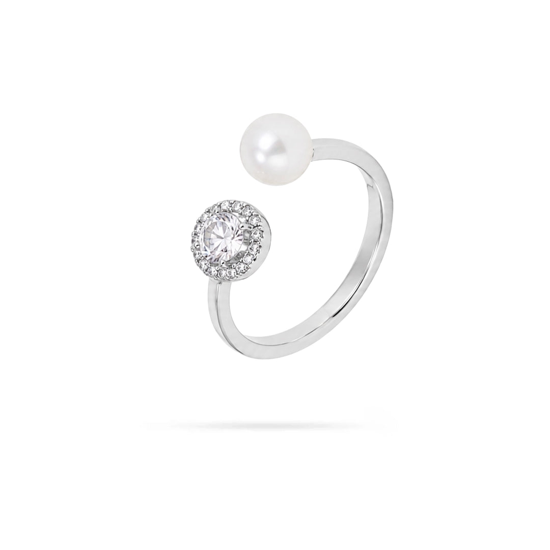 Women's Open Silver Crescent Ring with Pearl and Zirconia by Senso Silver