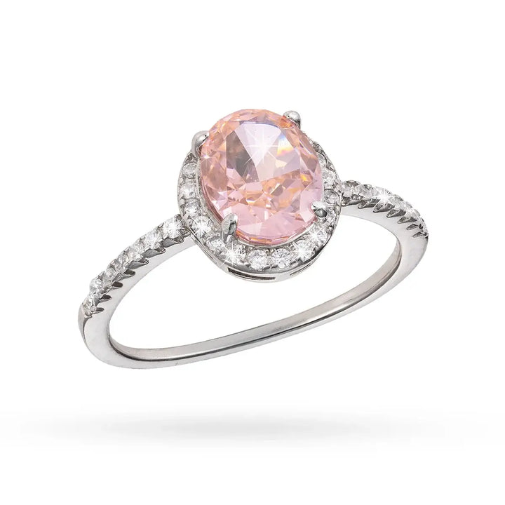 Сребърен пръстен с овален розов циркон и инкрустация от малки камъни