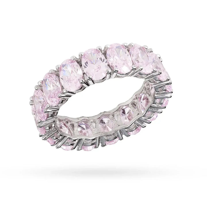 Сребърен пръстен с розови овални циркони и родиево покритие